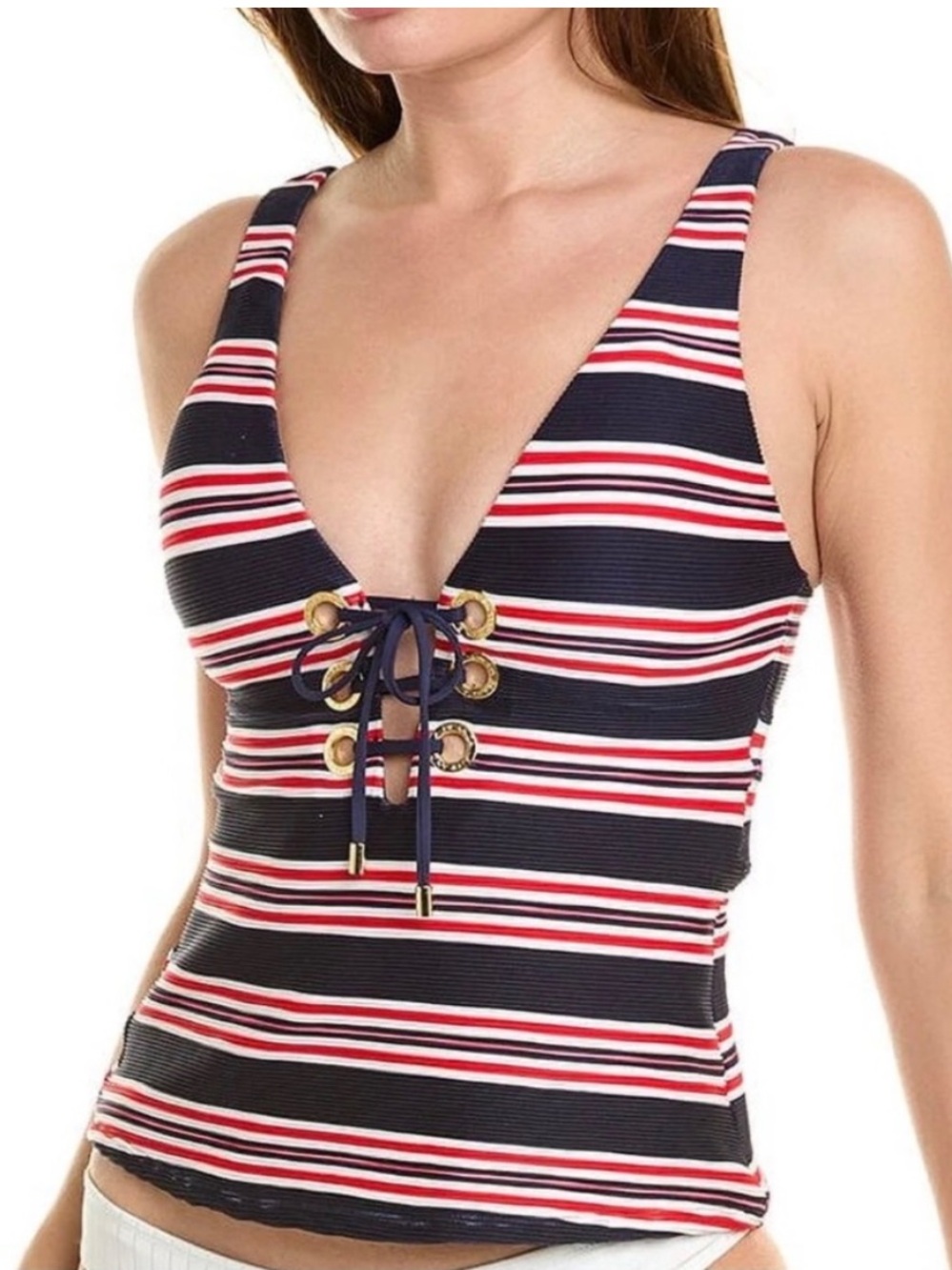La Blanca Navy Red White Striped Lace-Up Tankini Top
